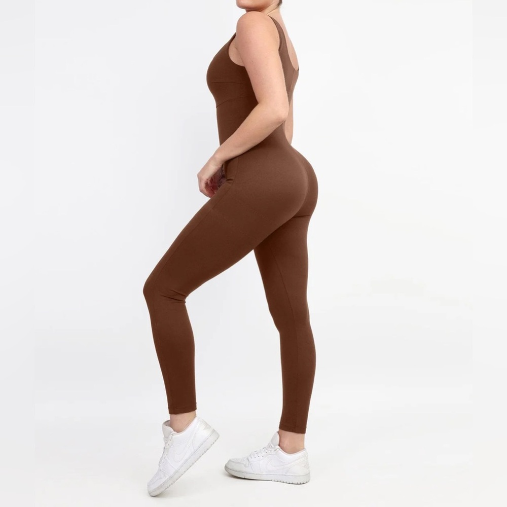 Popilush - Shapewear Square Neck Thigh Slimming Workout Jumpsuit - Brown - Large